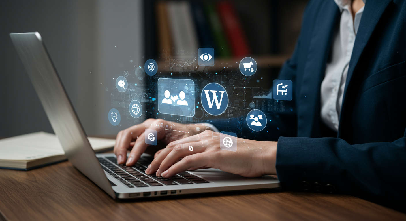A small business owner using a laptop with WordPress plugins icons floating around, symbolising automation and efficiency in marketing, lead generation, and e-commerce tasks
