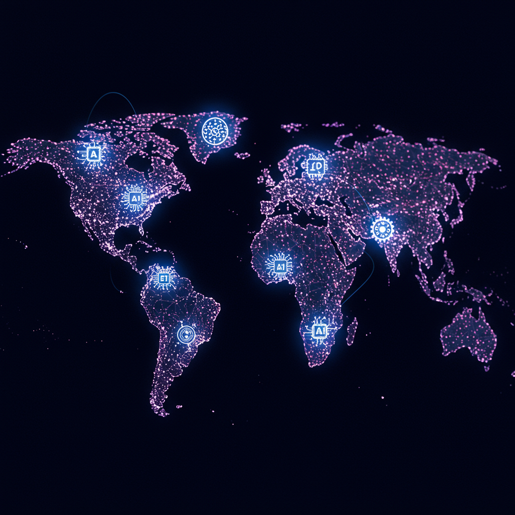 A global map highlighting AI industry market share by region with technology icons representing deep learning and generative AI, showing North America dominance, futuristic style