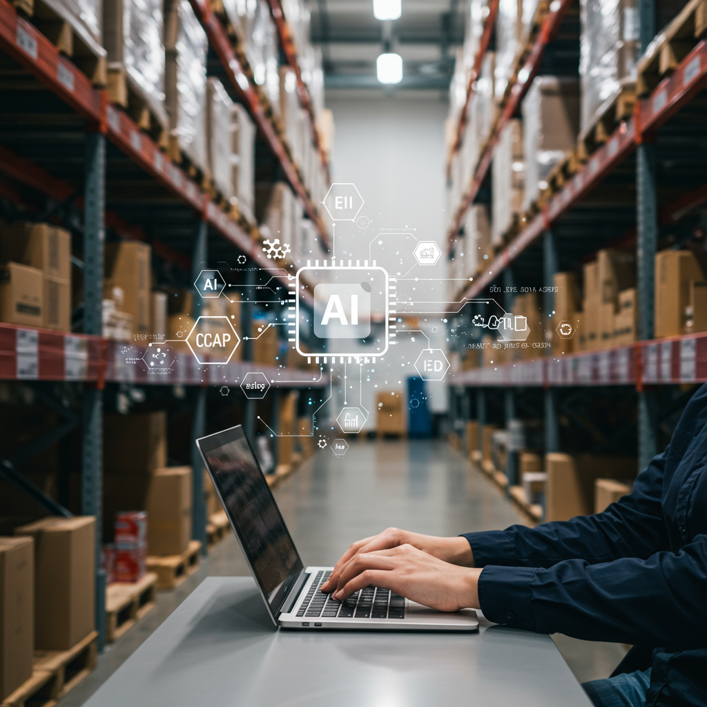 A modern small business warehouse with shelves of products and a person using a laptop surrounded by AI and automation icons, symbolising AI-driven inventory management for SMEs