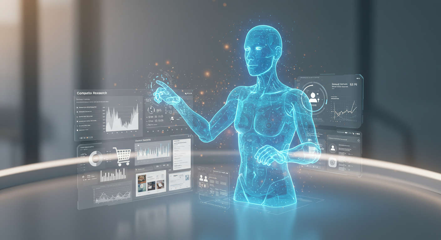 An AI virtual employee autonomously managing marketing tasks for a Shopify store, including competitor research, keyword analysis, and content creation, depicted in a modern digital workspace