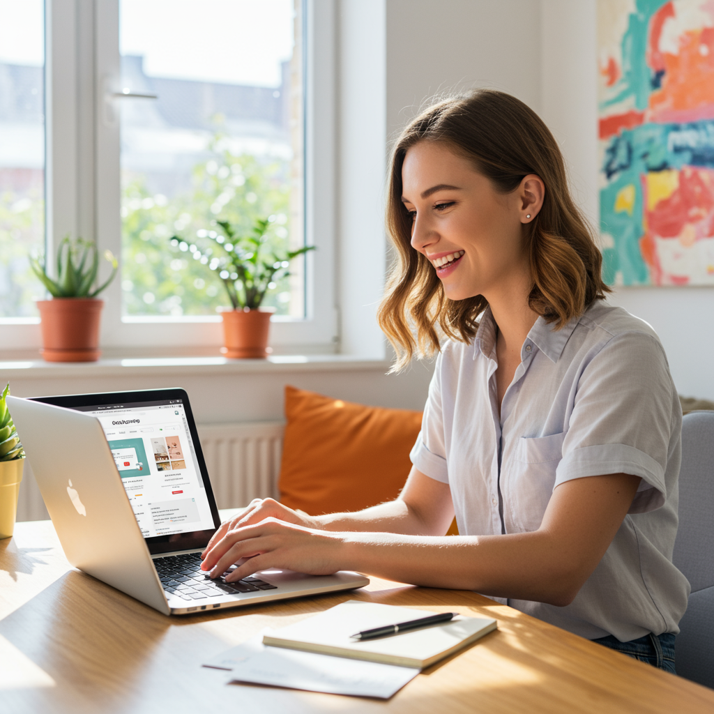 A small business owner happily setting up a WordPress website on a laptop with a user-friendly onboarding interface visible, bright and welcoming home office environment
