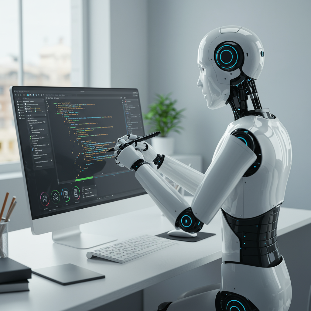 An AI virtual employee writing content on a computer screen with workflow automation elements like scheduling, integration with business tools, and user-friendly interface icons, in a bright workspace