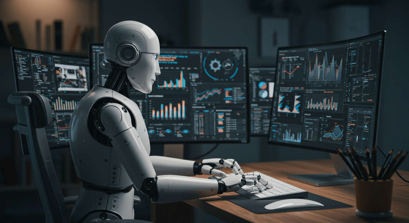 AI virtual employee working on multiple digital marketing tasks such as SEO blog writing, competitor research, and content publishing on computer screens, representing automation for small business marketing