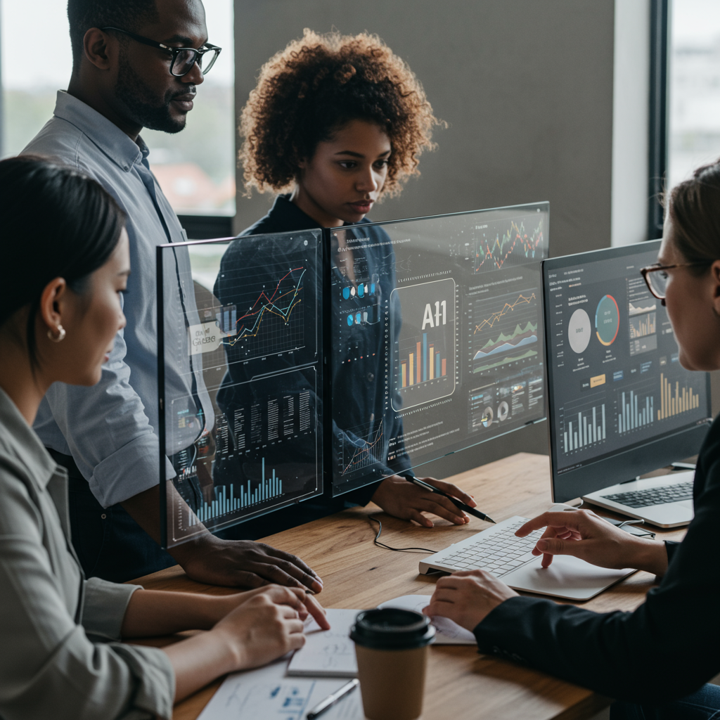 A diverse group of SME employees collaborating with AI compliance automation tools on screens, showing seamless integration of technology in business workflows, with a focus on ease of use and efficiency