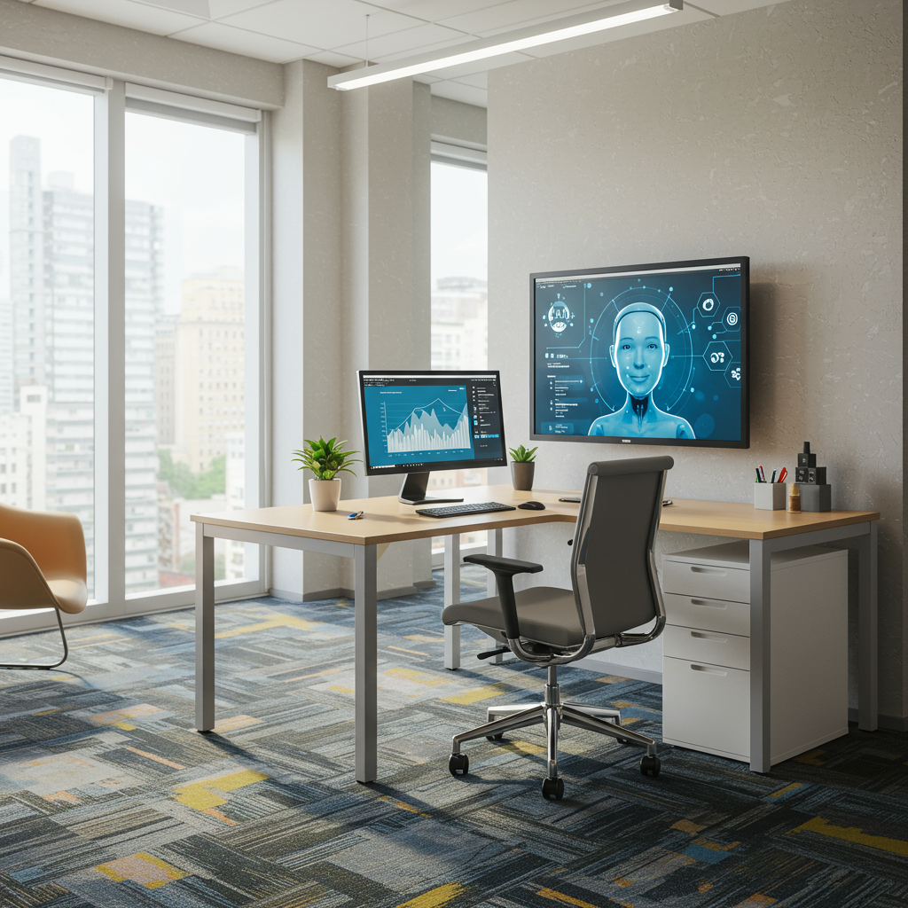 A small business office with an AI virtual employee assisting with compliance tasks on a computer screen, showing a modern and efficient workspace environment