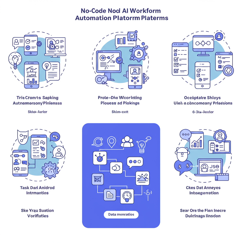 Comparison of no-code AI workflow automation platforms for small businesses, showing diverse app icons and integration symbols, with a clean and professional style