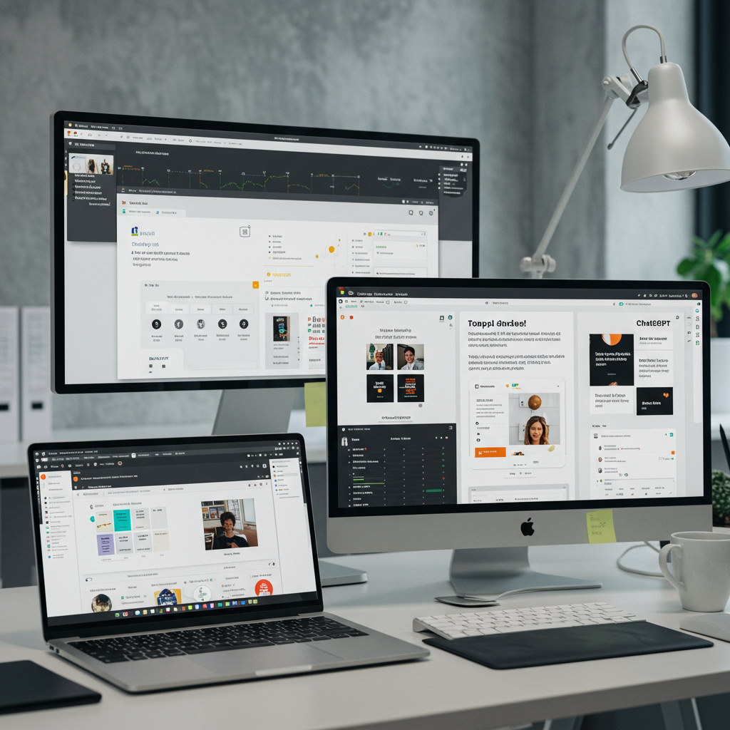 A digital marketing workspace showing AI tools like Copy.ai, ChatGPT, and Hootsuite on multiple screens, highlighting no-code content automation for small and medium enterprises
