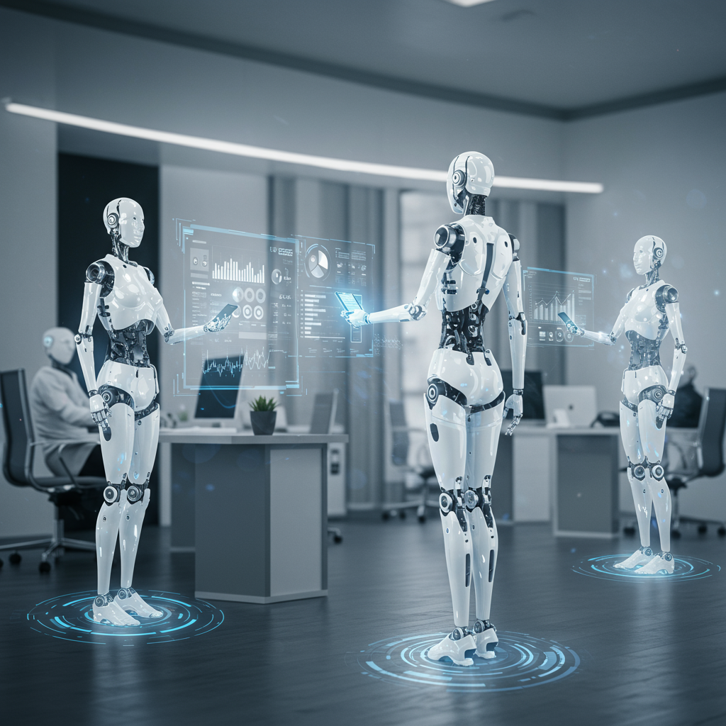 A professional small business office environment with AI virtual employees working on compliance automation tasks, showing a futuristic digital interface with charts and compliance checklists on screens