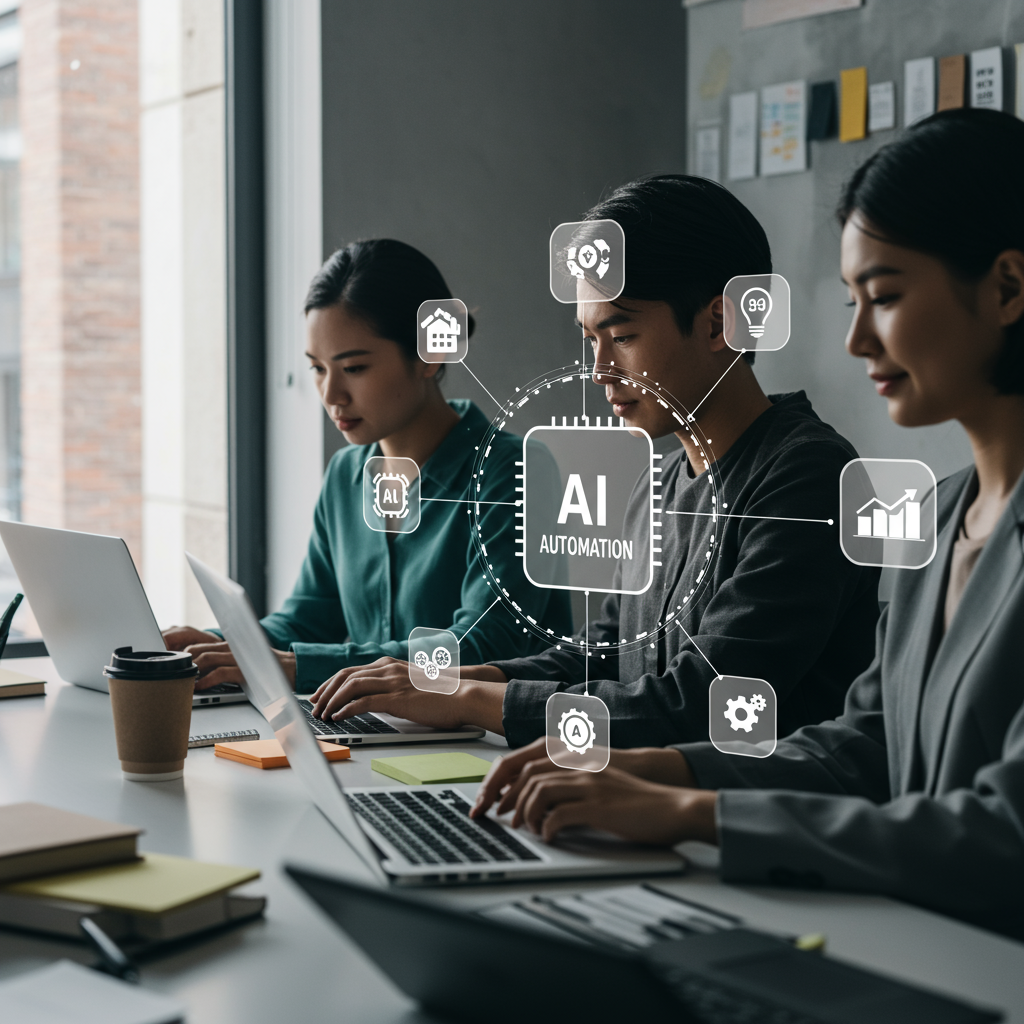 A diverse small business team collaborating with AI technology in a modern office, surrounded by icons representing automation, sales, marketing, and data analytics.