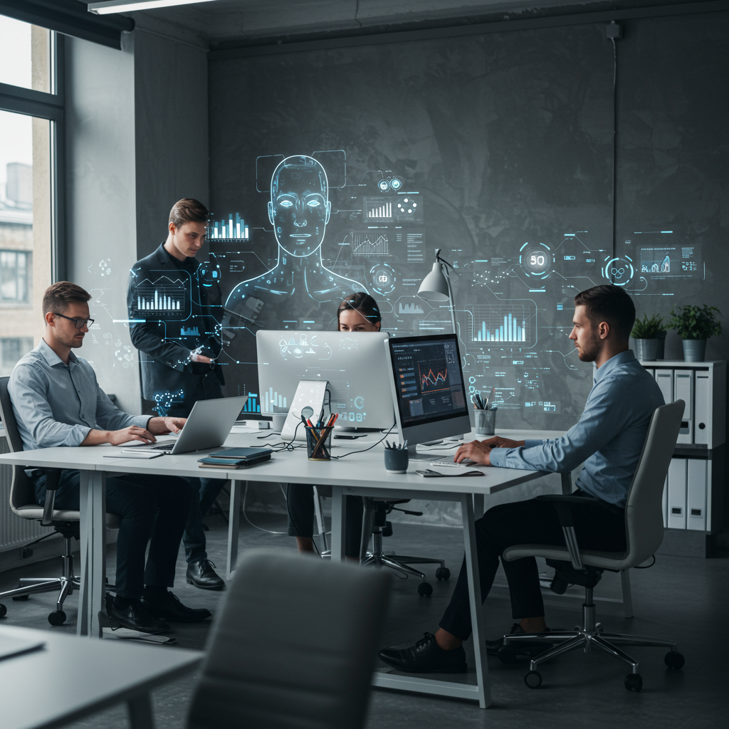 Diverse small business employees collaborating with AI virtual assistants in a modern office, representing AI-driven compliance automation for SMEs