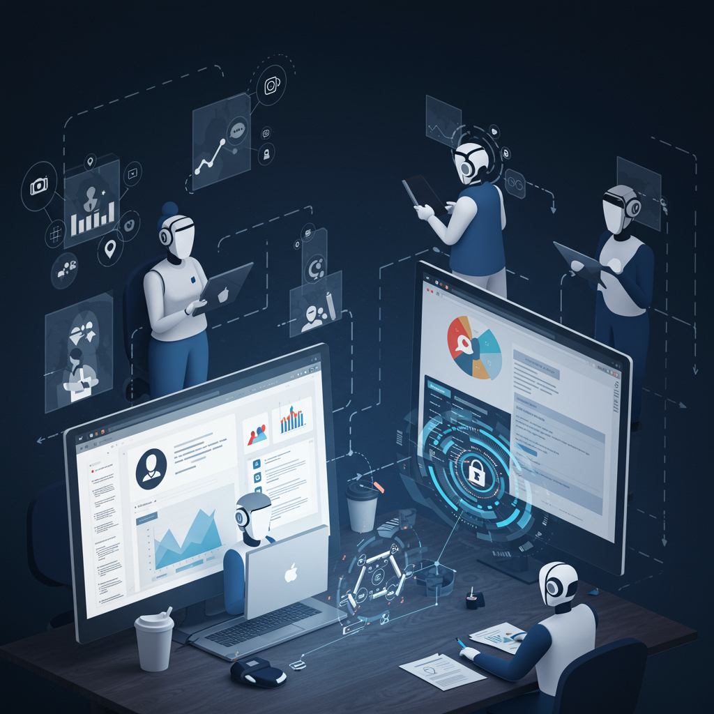 AI virtual assistants working on a WordPress website, showing various AI agents like copywriters, data analysts, and virtual assistants automating tasks such as content creation and customer support, futuristic and professional setting