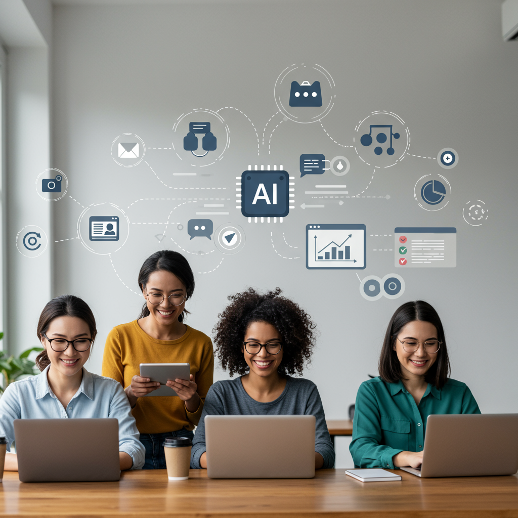 Diverse small business owners and startup entrepreneurs using AI technology for marketing automation with digital marketing icons representing lead and traffic growth around them