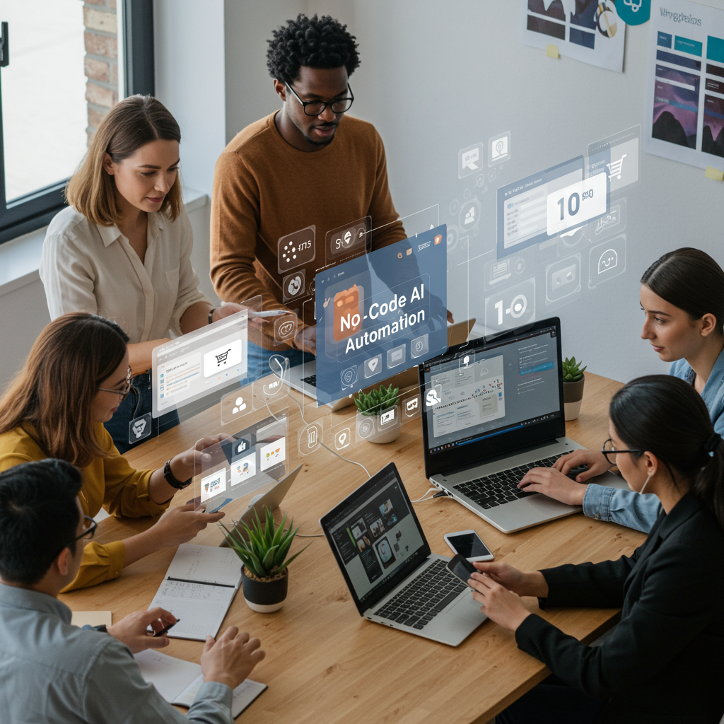 Small business owners and startup entrepreneurs using AI technology on laptops, illustrating no-code AI automation workflows for marketing with Shopify and WordPress integration in a modern office environment.