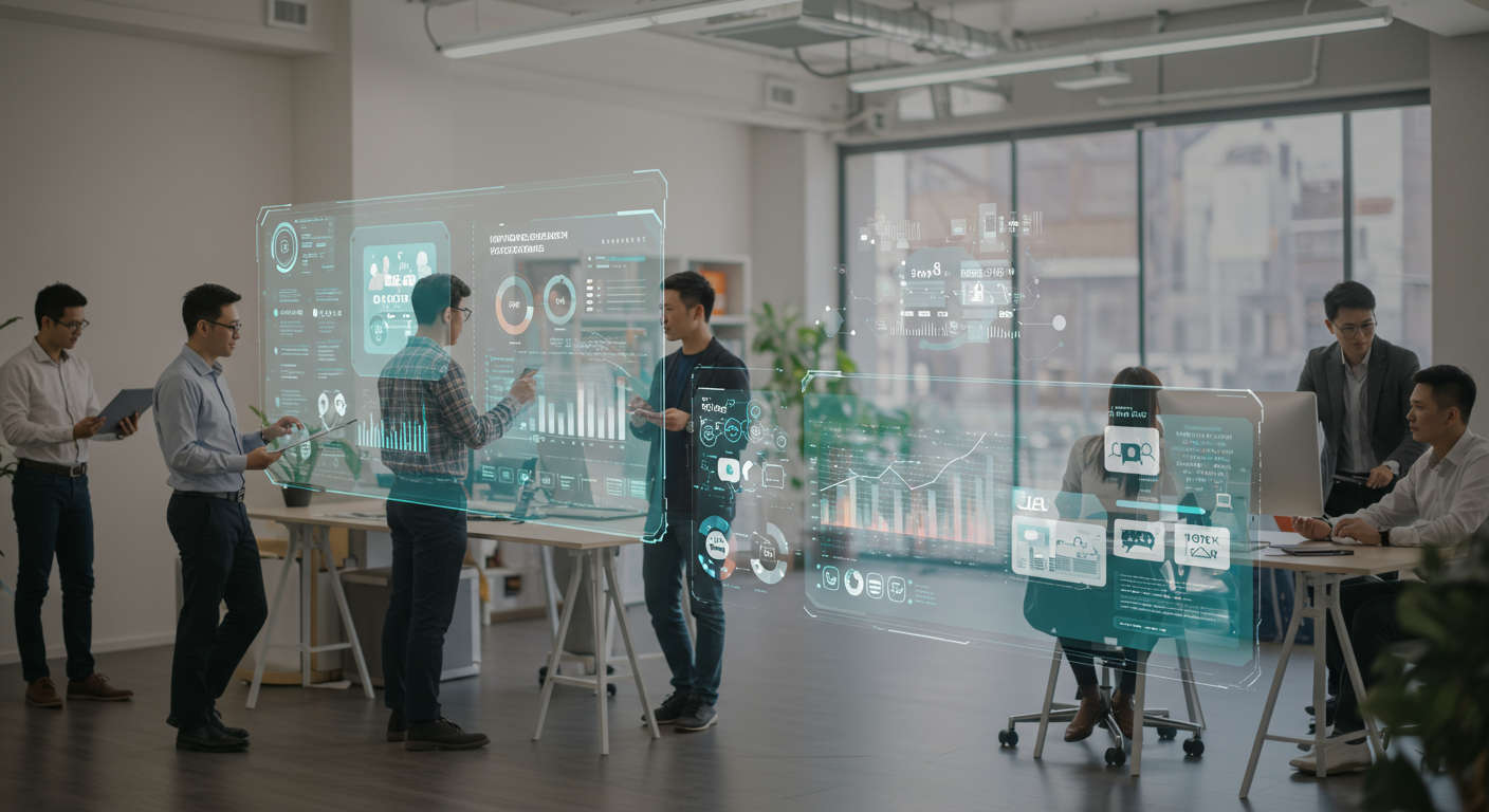 Ecommerce and local service business scenes showing AI automation in action: keyword research, competitor analysis, and content publishing, colourful and engaging