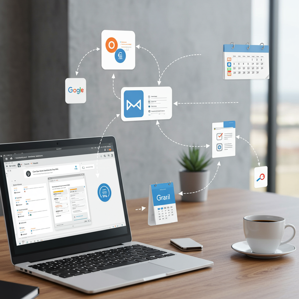 No-code compliance automation tools integrating with common business applications like Google Drive, Gmail, and calendars, depicted in a seamless digital workspace with icons and automation flow