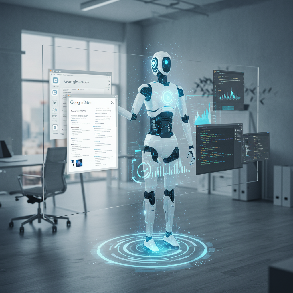 A futuristic AI assistant working on multiple digital tools like Google Drive, web browsing, code execution, and spreadsheets, symbolising advanced autonomous AI capabilities in a business environment