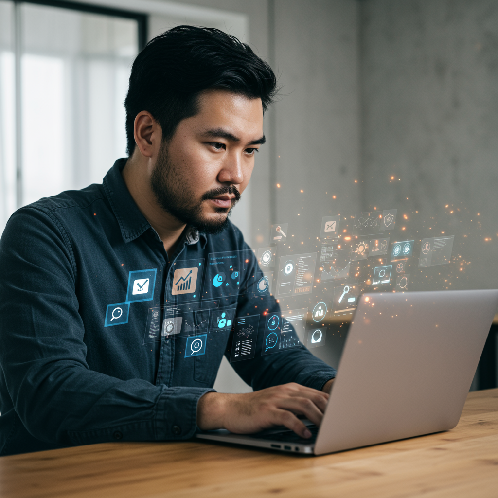 A small business owner using AI-powered content creation tools on a laptop, surrounded by icons representing automation, content management, and digital marketing, in a modern office setting
