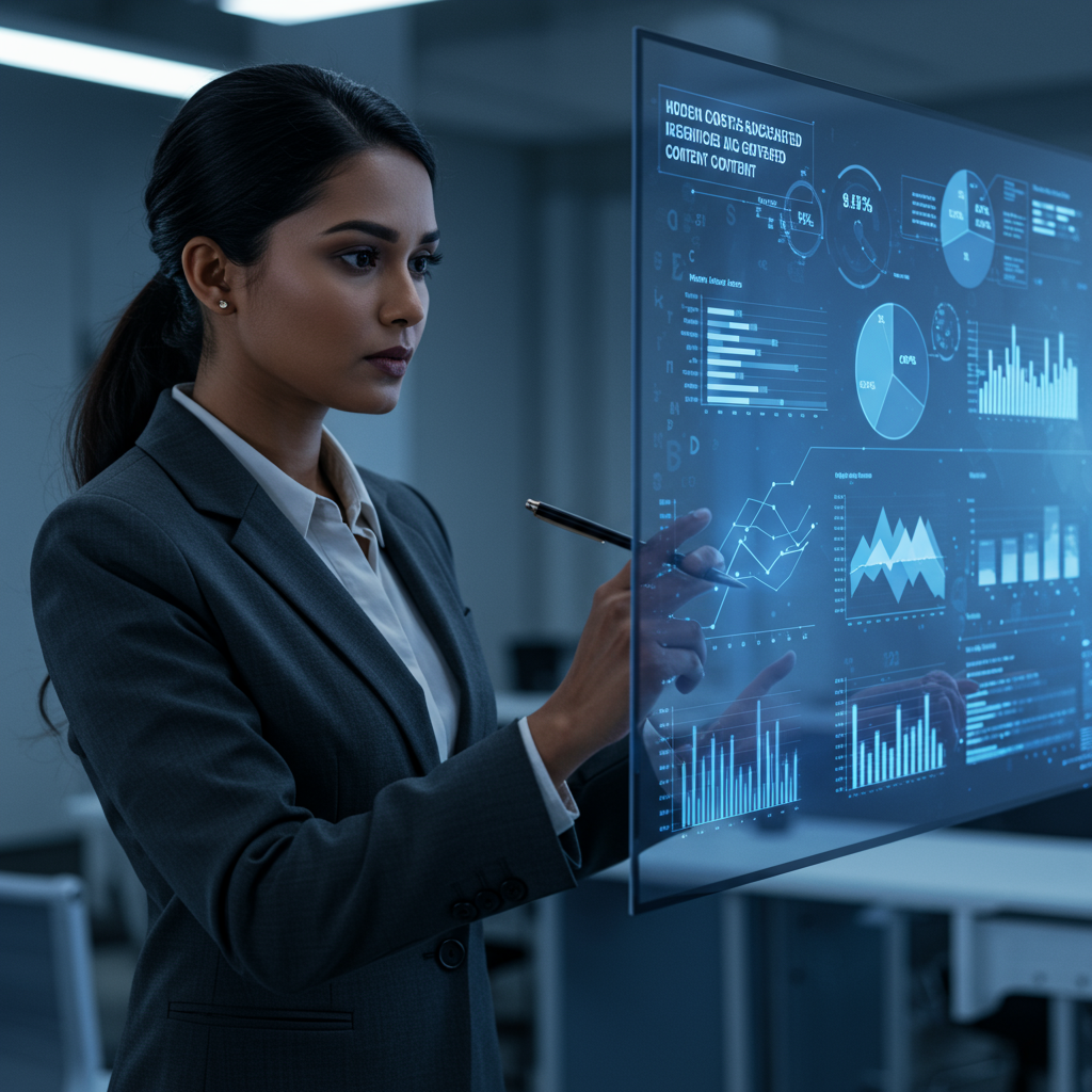 A business professional analysing complex financial data on a digital screen, representing hidden costs of generic AI content, including financial, reputational, and environmental impacts