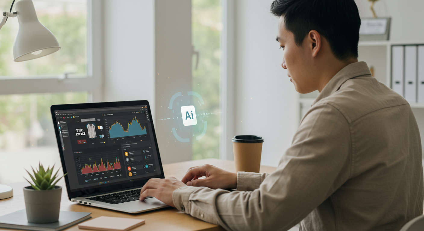 Small business owner using AI virtual employee on laptop to manage Shopify inventory, with stock charts and product images on screen, modern office background