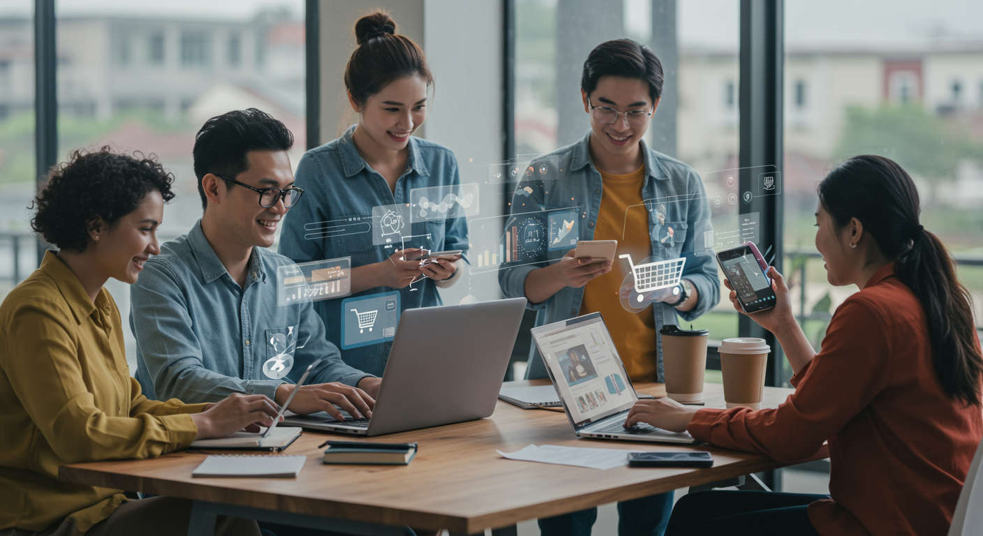 Diverse small business owners and startup entrepreneurs using AI virtual employees on laptops and digital devices, symbolising automation, lead generation, and content creation in ecommerce and local services environments