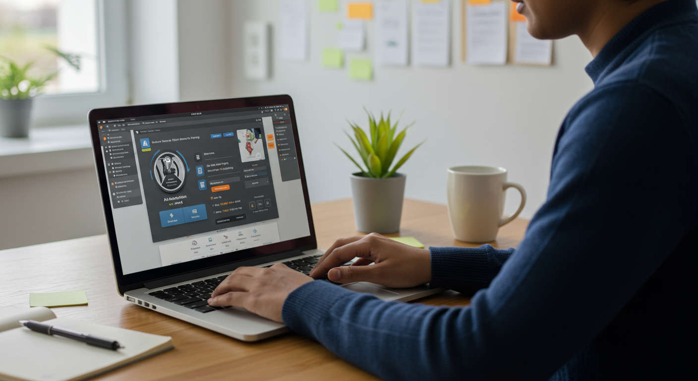 Small business owner using WordPress plugin on a laptop, AI automation interface visible, friendly and modern workspace, digital marketing concept