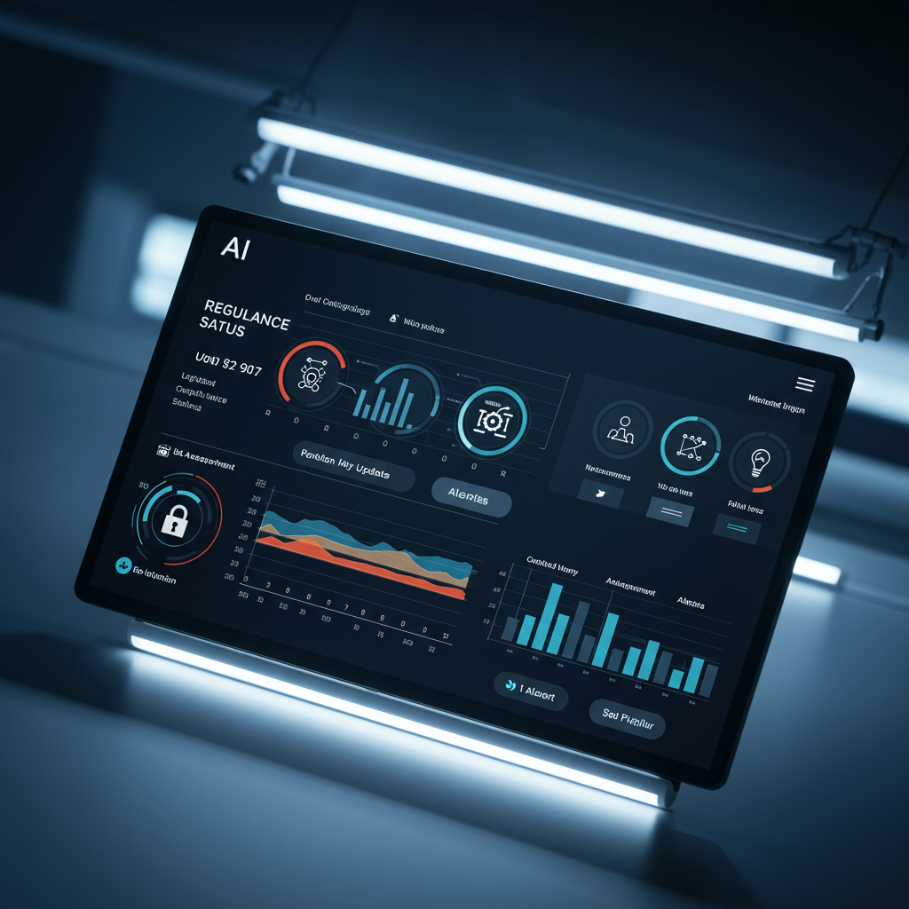 An AI software interface displaying real-time regulatory compliance monitoring with alerts and updates, highlighting automation and risk management for SMEs