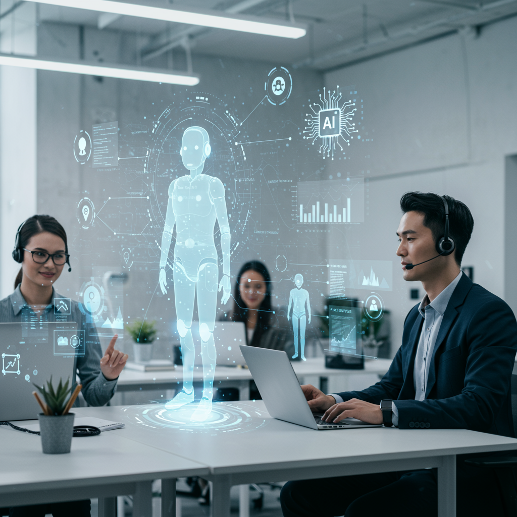 Customer service team in a modern SME setting using AI virtual employees to manage customer interactions and compliance, highlighting integration of AI compliance automation and customer service workflows