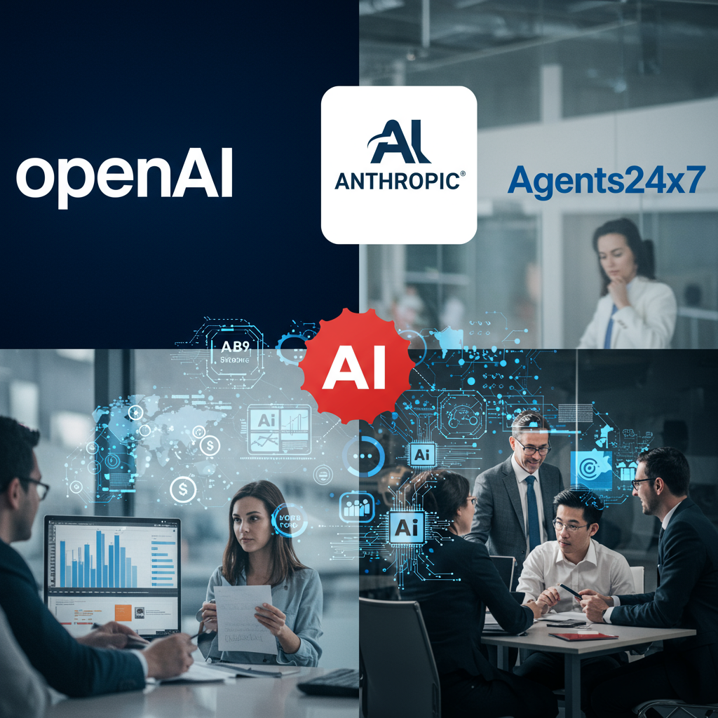 Logos of OpenAI, Anthropic, Google, and Agents24x7 with pricing charts and small business owners discussing AI solutions in a collaborative workspace
