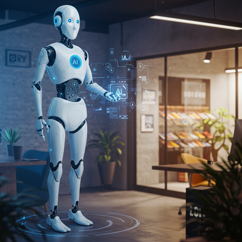 An autonomous AI agent operating in a small business environment, performing tasks like copywriting, data analysis, and store operation, showing efficiency and automation in SME operations, modern and dynamic setting