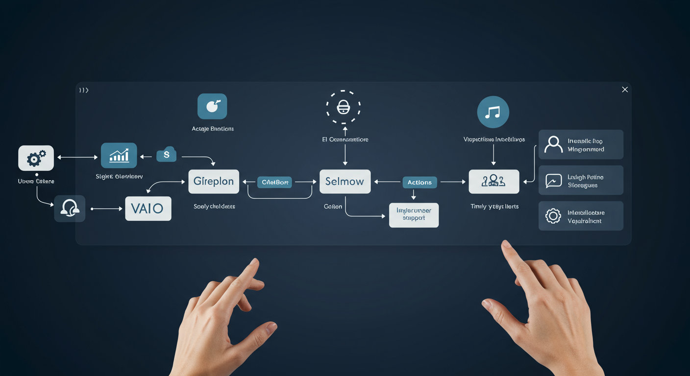 Custom no-code AI workflow interface with drag-and-drop elements, triggers, and actions for automating SEO blog posts, customer support, and inventory alerts