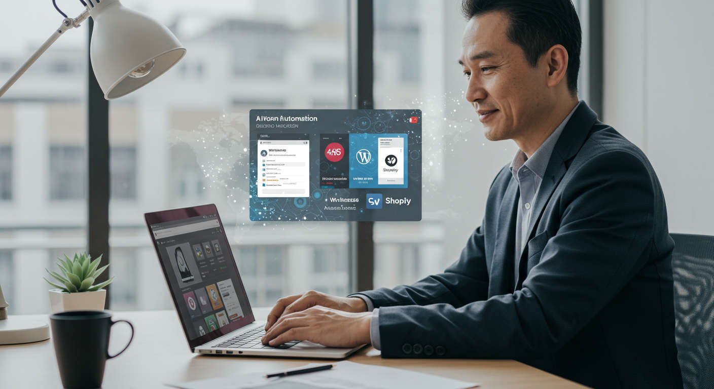 Small business owner using AI marketing automation on a laptop with WordPress and Shopify logos visible, digital marketing concept, modern office background