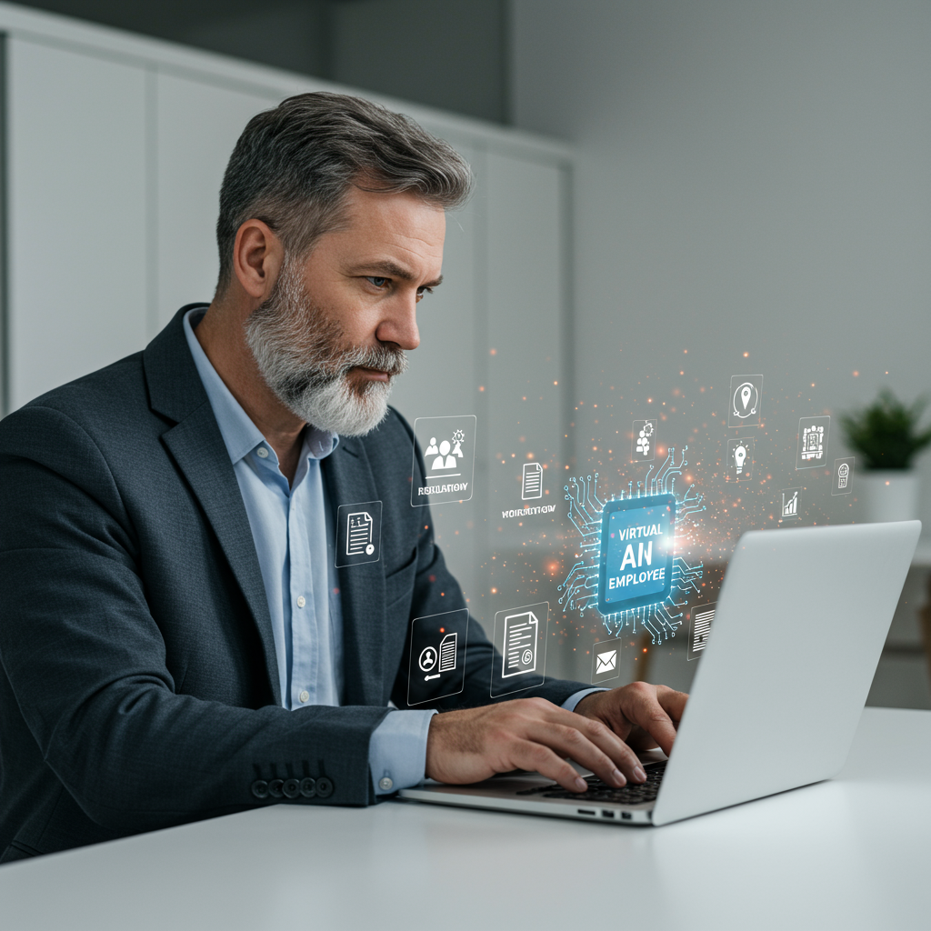 A small business owner using AI virtual employee on a laptop to automate compliance tasks, surrounded by icons representing regulatory documents, workflow automation, and risk management, modern office setting