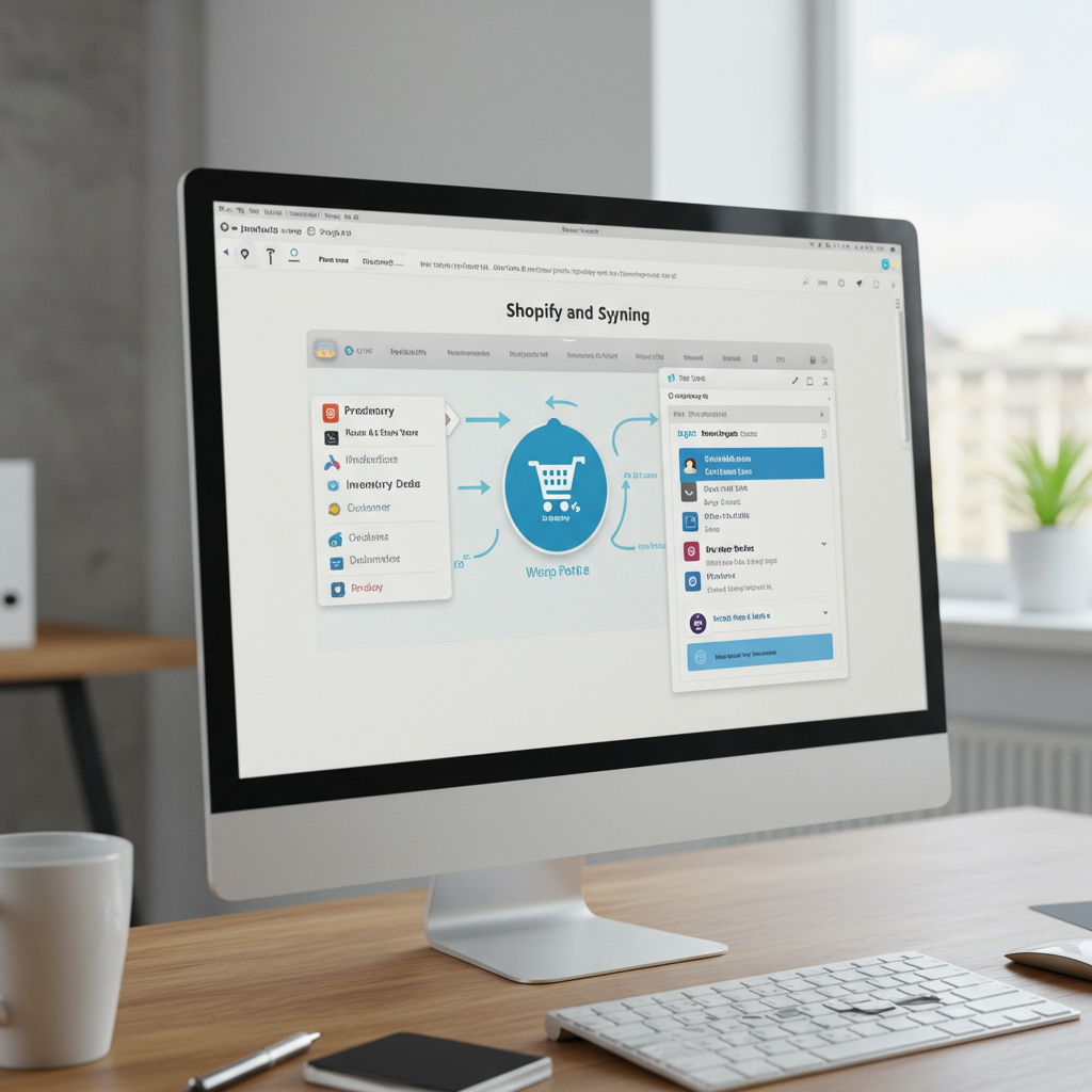 A seamless integration of Shopify and WordPress on a computer screen, showing product syncing and e-commerce workflow automation with no-code tools in a bright workspace