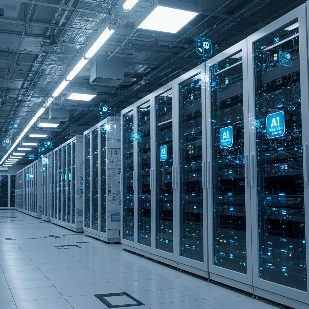 A modern cloud computing data centre with servers, GPUs, and AI infrastructure components in a futuristic style, representing AI infrastructure costs for small businesses in 2025