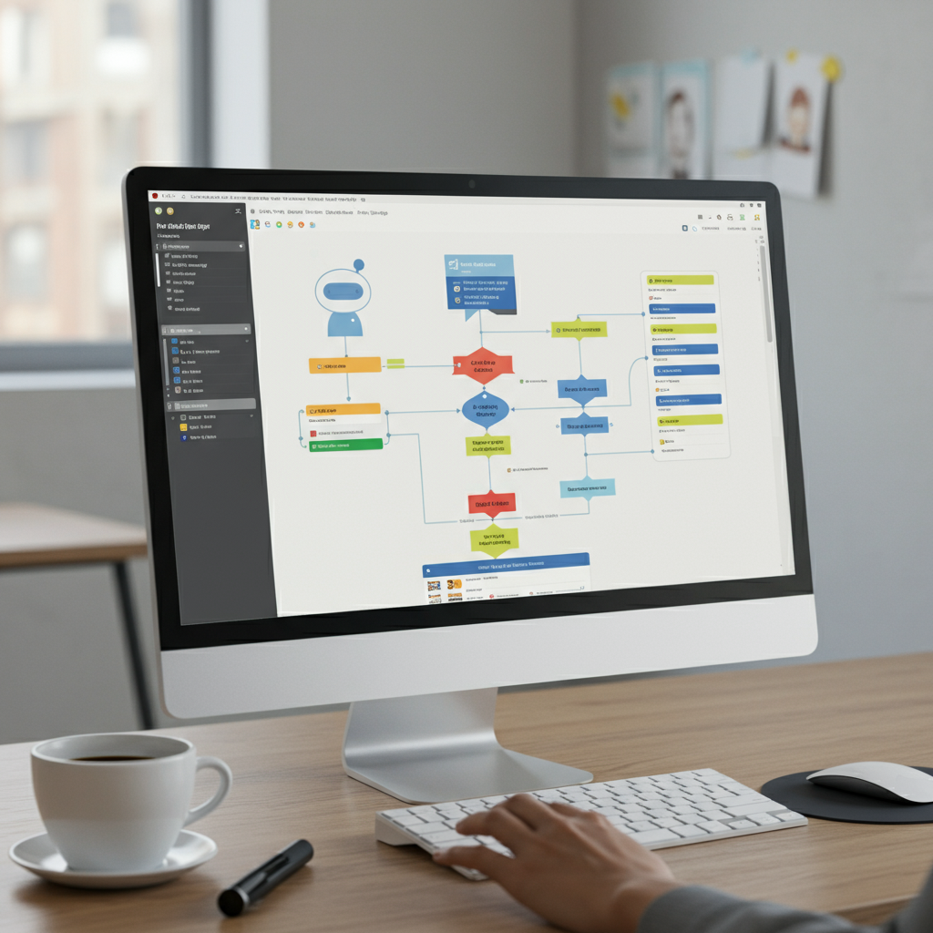 A user-friendly no-code chatbot builder interface on a computer screen, showing drag-and-drop features and chatbot conversation flow design, vibrant and clear visual style