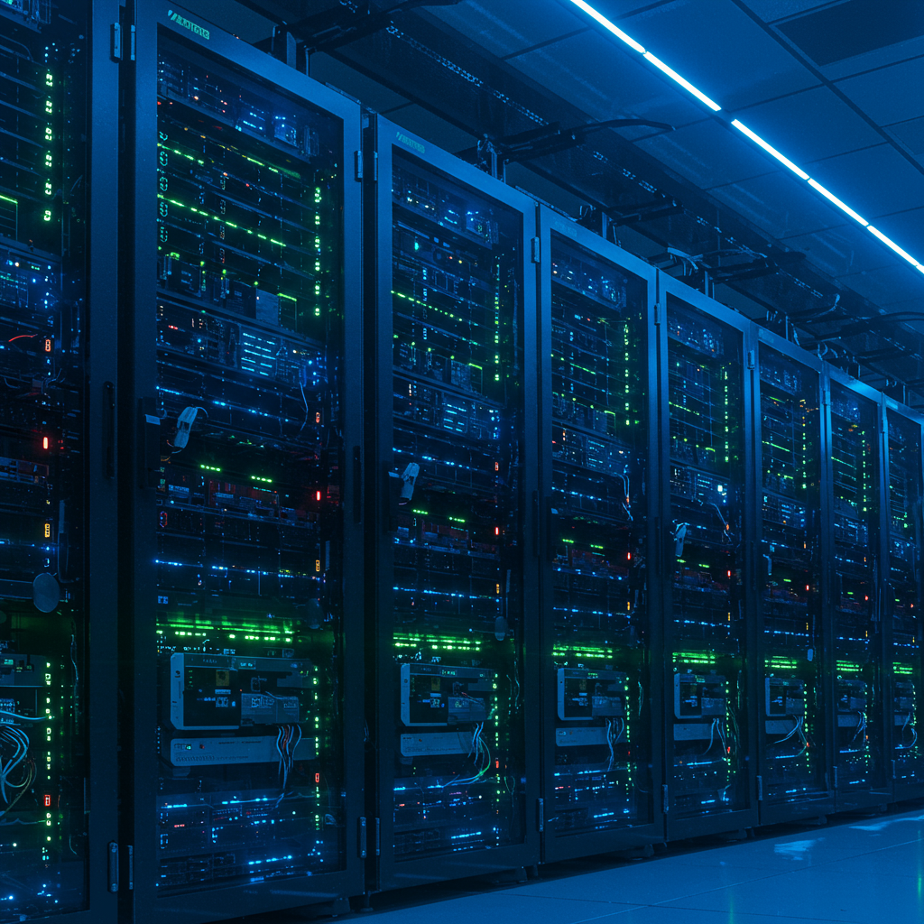 A modern data centre with rows of servers and GPUs, illuminated with blue and green lights, symbolising AI hardware powering technology