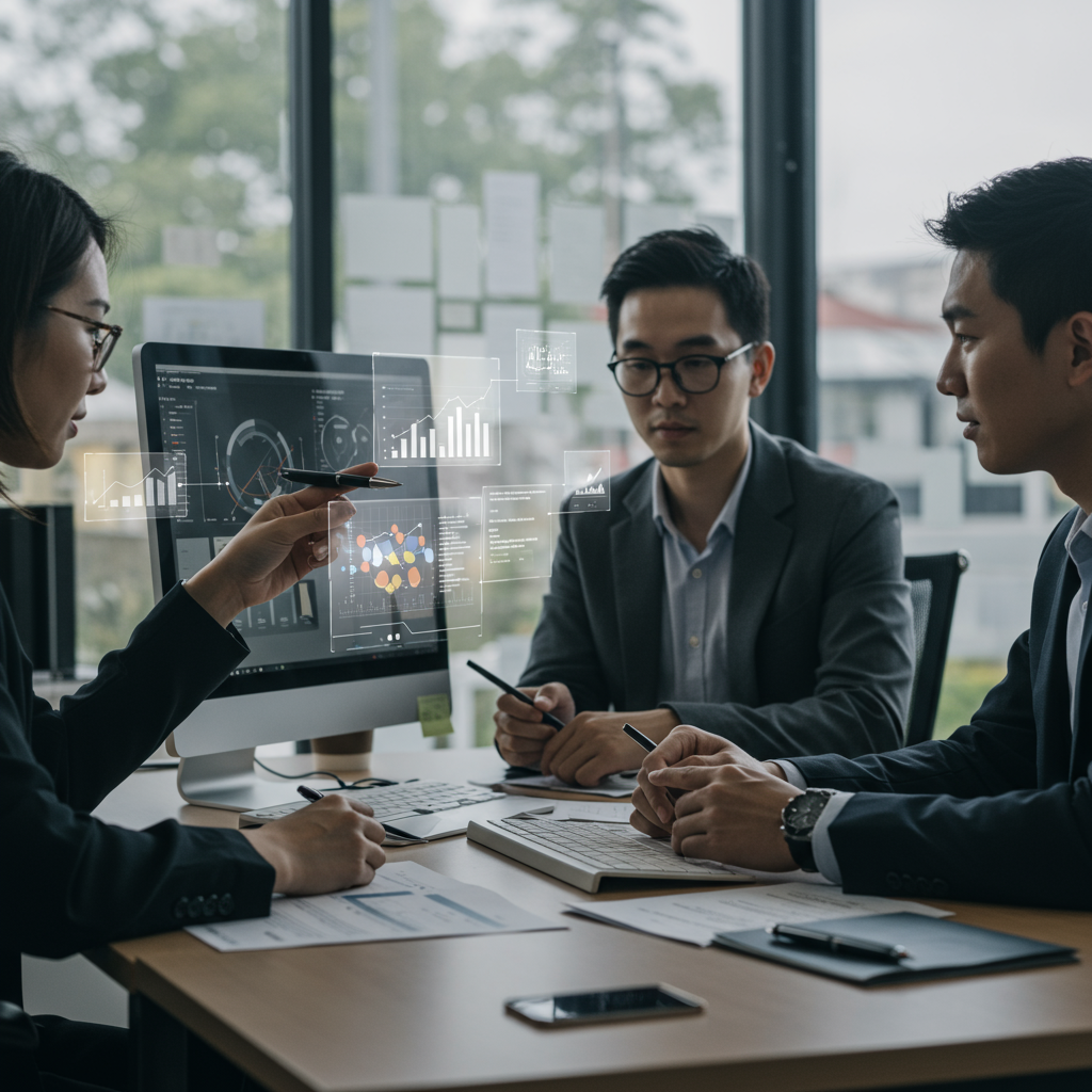 A small to medium-sized business office environment showing workflow automation tools on computer screens, with people collaborating and discussing digital processes, representing the limitations of workflow automation for SMEs