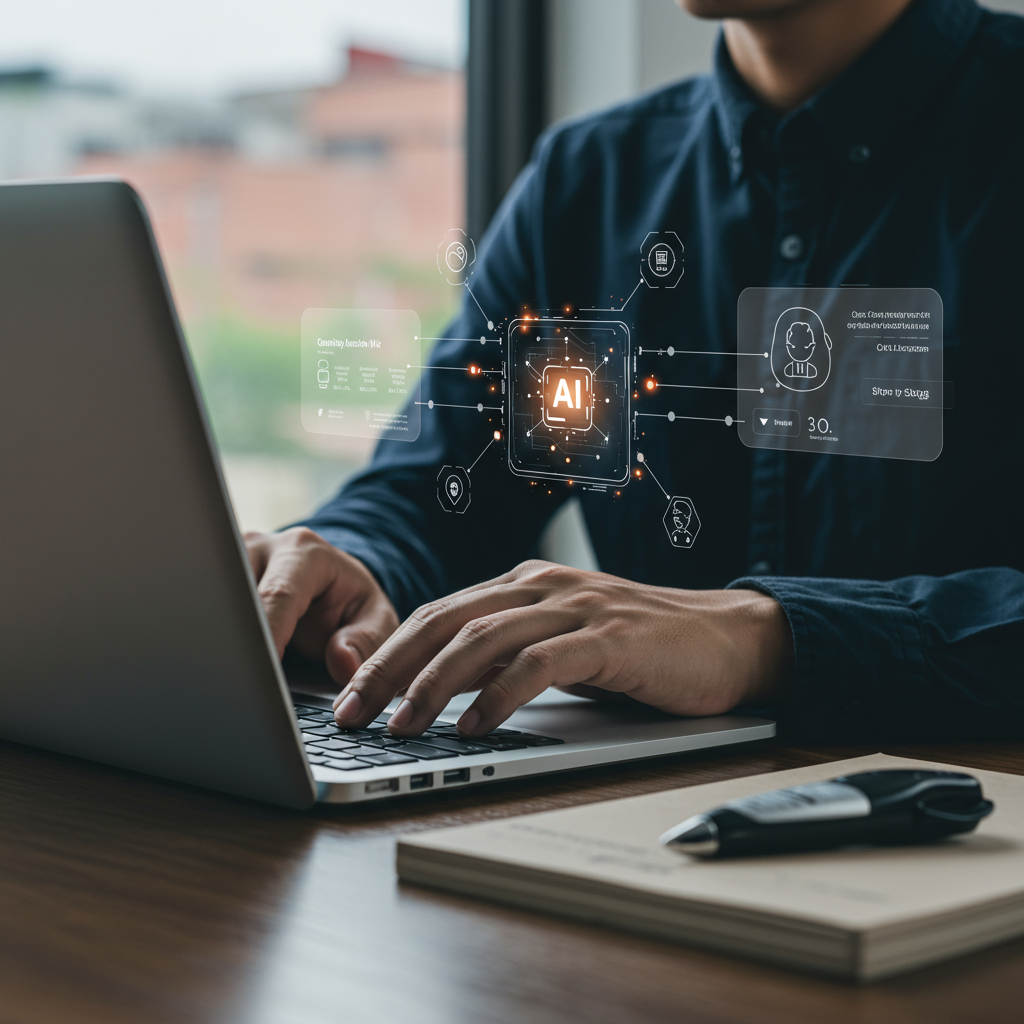 A small business owner using no-code compliance automation workflows on a laptop, integrating AI agents with WordPress and Shopify plugins, with a focus on ease of use and automation