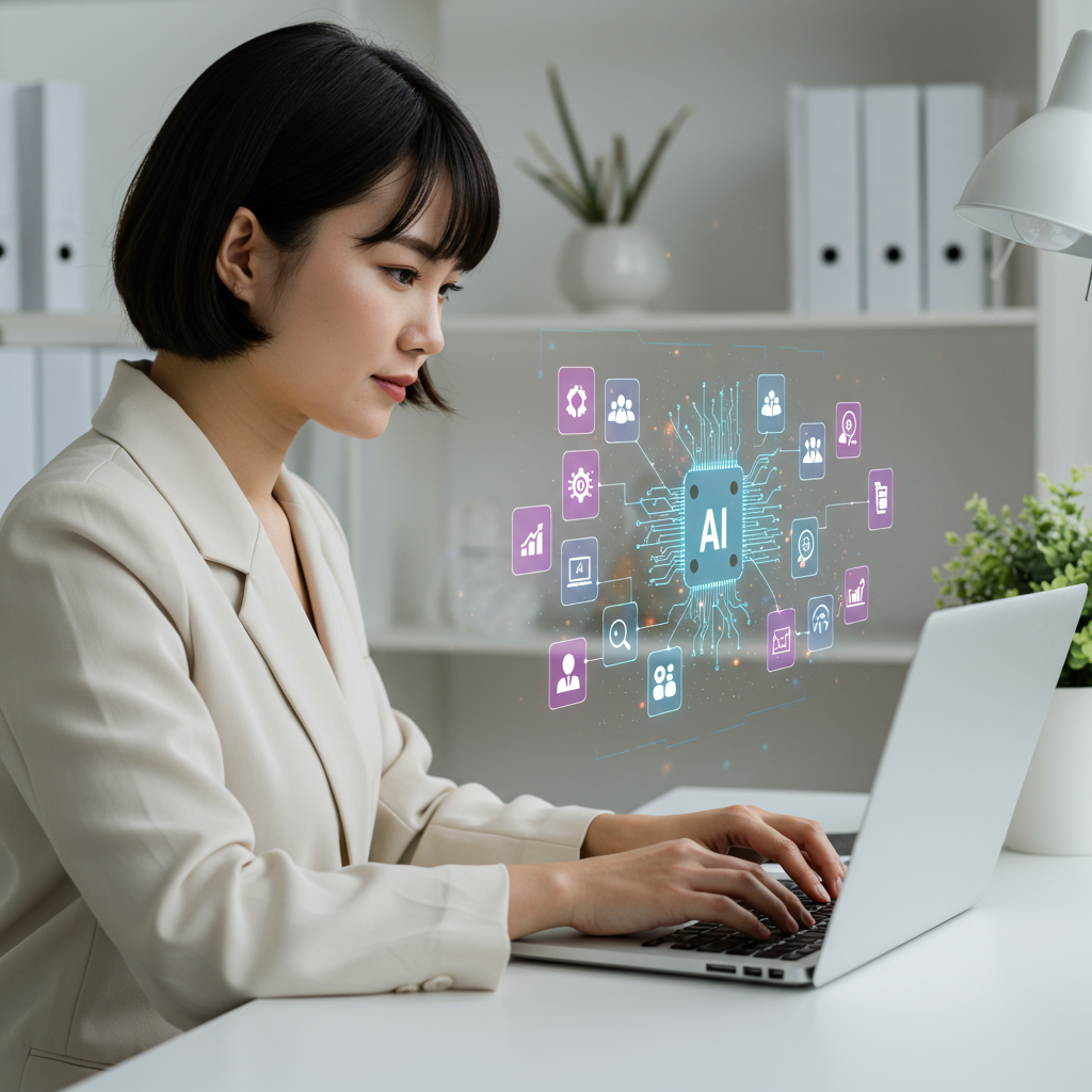 A small business owner using AI virtual employees on a laptop, with icons representing automation of customer service, marketing, and e-commerce workflows, modern office setting