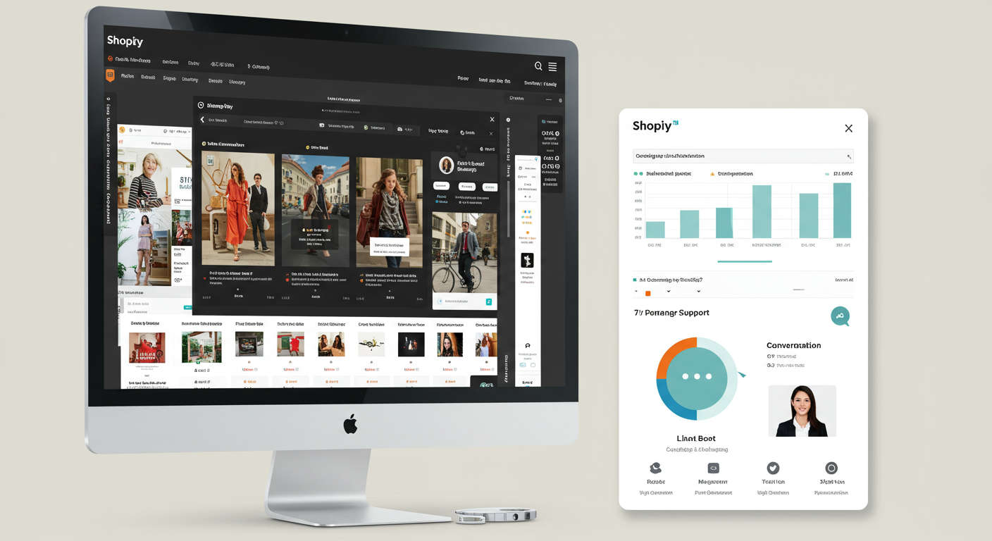 Ecommerce store with AI-powered Shopify marketing automation, showing product recommendations, customer support chatbot, and campaign optimisation on screen