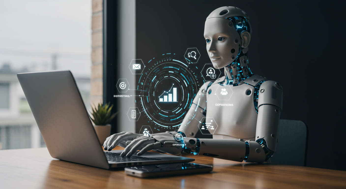 An AI virtual employee working autonomously on a laptop with digital icons representing marketing, customer service, and operations tasks around it, in a modern small business office setting