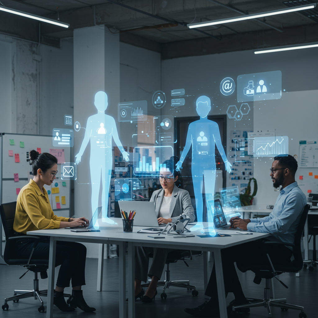 Diverse small business owners collaborating with AI virtual employees in a modern office, surrounded by digital marketing icons representing automation and integration with Shopify and WordPress platforms