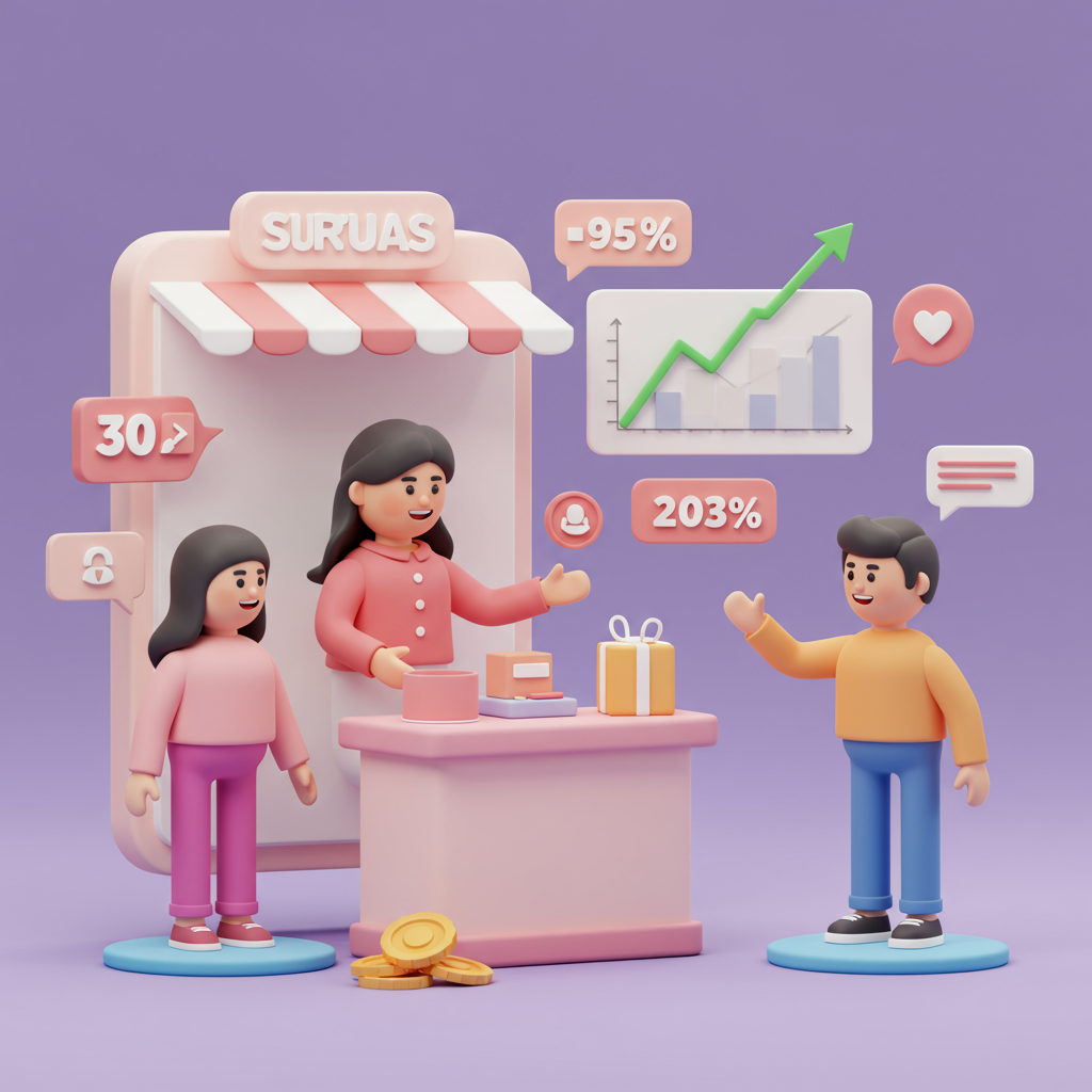 An e-commerce SME virtual shopping assistant interacting with customers online, showing increased sales and customer engagement with a vibrant digital storefront and happy customers