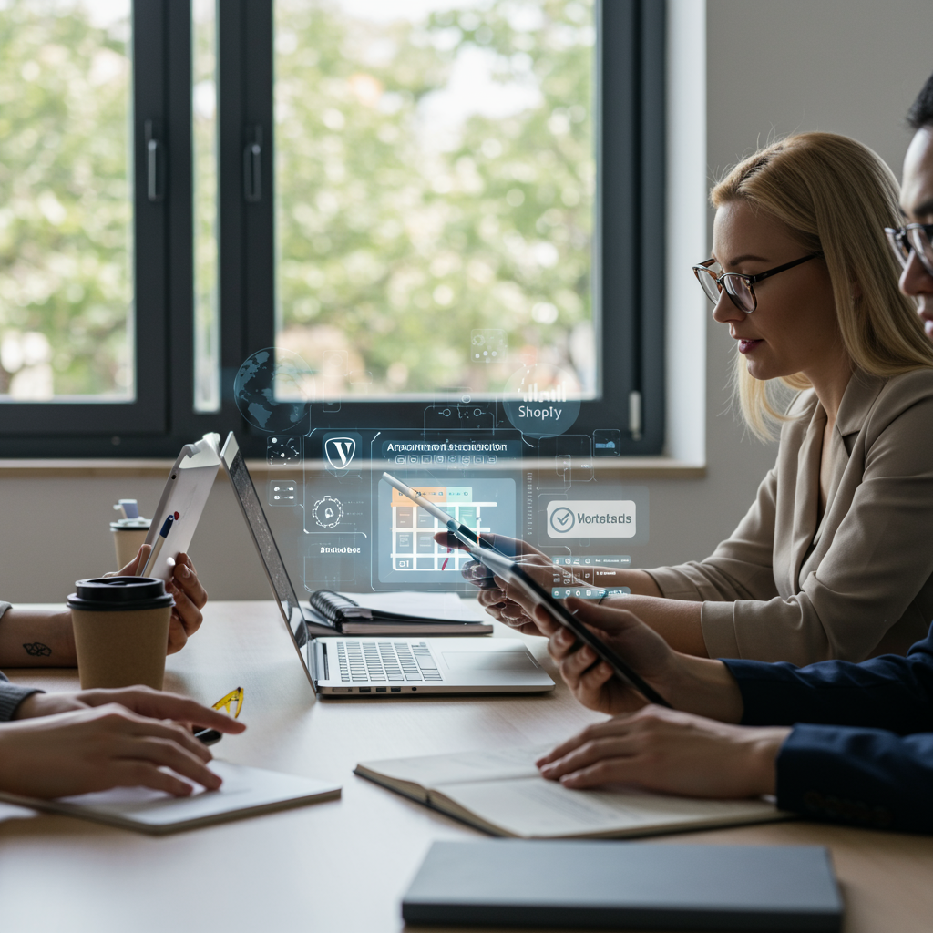 Small business team using AI technology for appointment scheduling with WordPress and Shopify integration in a modern office environment