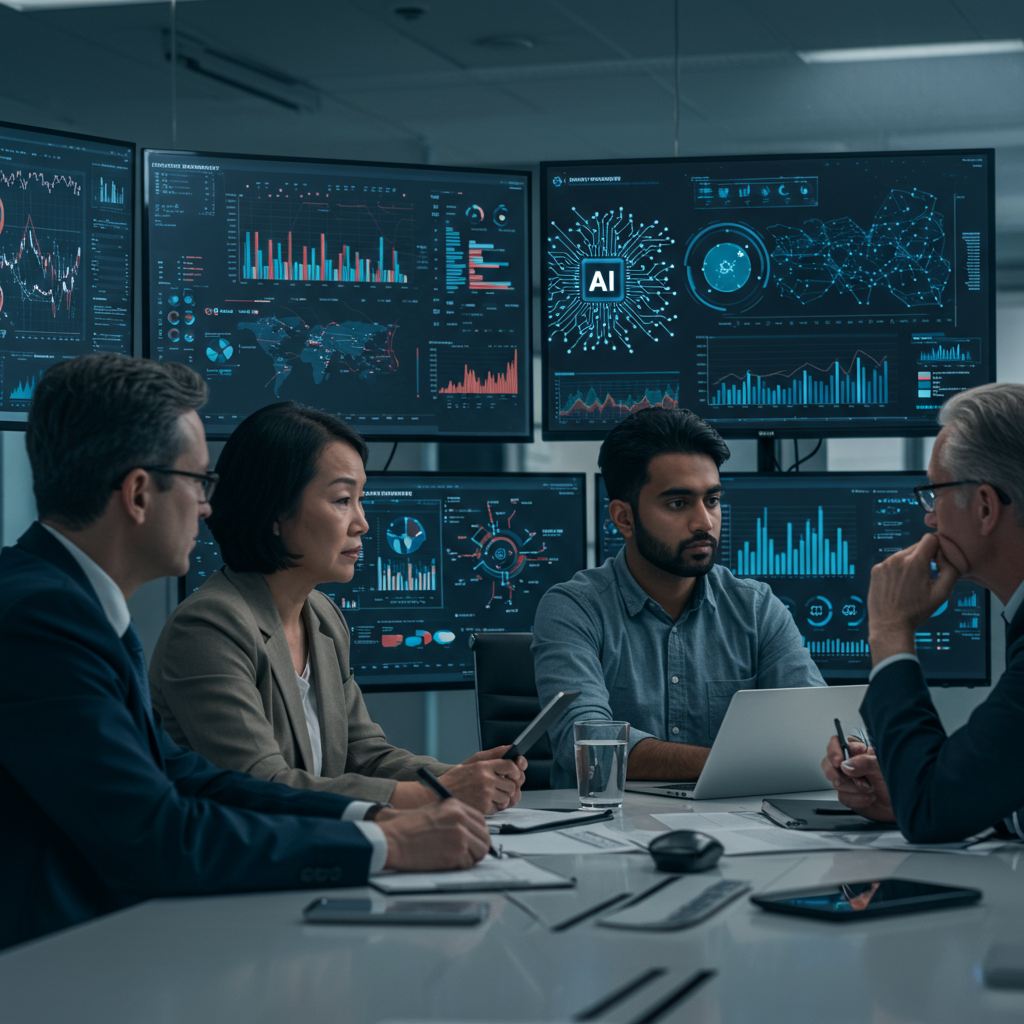 A diverse group of investors analysing AI investment opportunities on digital screens showing healthcare, finance, and cloud computing sectors