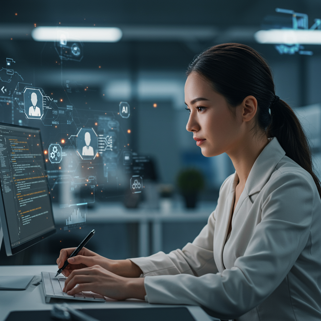 A professional AI prompt writer crafting precise and effective prompts on a computer, surrounded by digital elements representing AI agents and automation, futuristic and innovative atmosphere