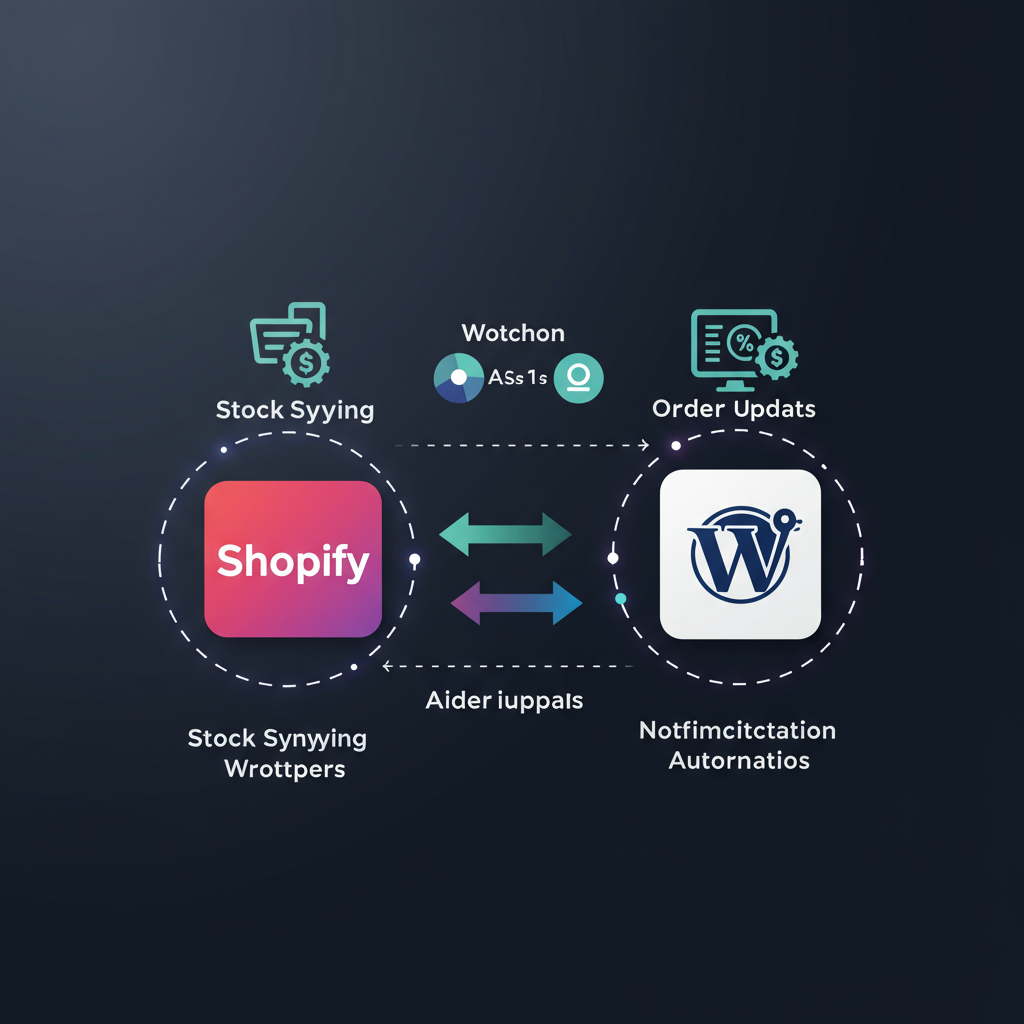 A seamless integration concept showing Shopify and WordPress logos connected by digital workflow automation lines, with icons representing stock syncing, order updates, and notifications, in a clean tech style