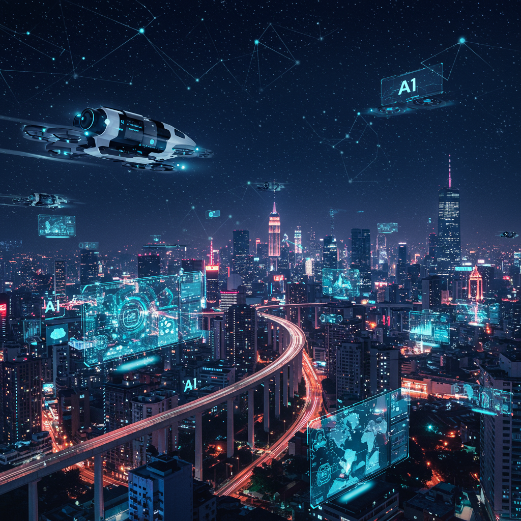 A futuristic cityscape with AI technology integration, showcasing advanced computing, cloud infrastructure, and AI-driven devices representing global AI market growth and innovation