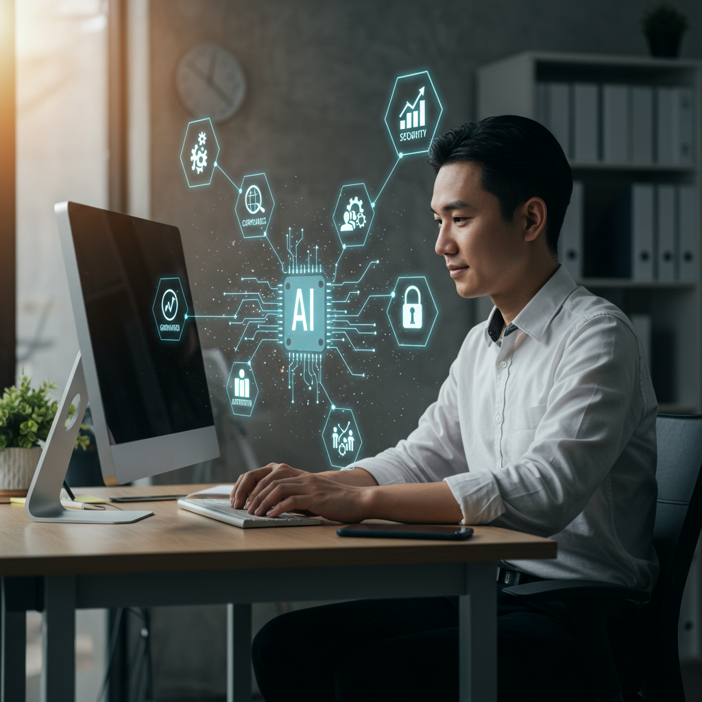 Small business owner working confidently with AI technology in a modern office, surrounded by digital icons representing compliance, automation, security, and growth.