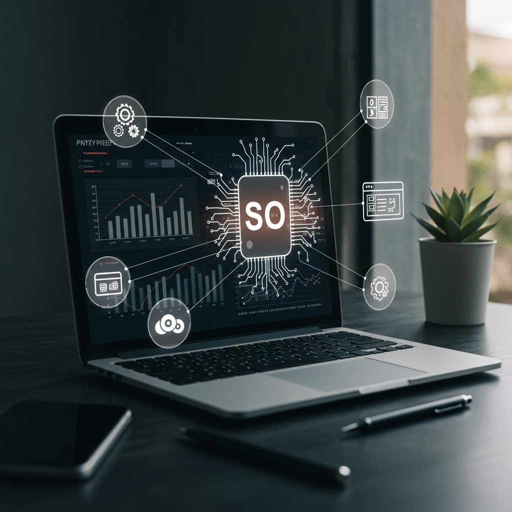 A modern digital workspace showing a laptop with SEO analytics on the screen, surrounded by AI icons and content creation elements, symbolising AI-driven SEO content automation for small and medium-sized businesses.